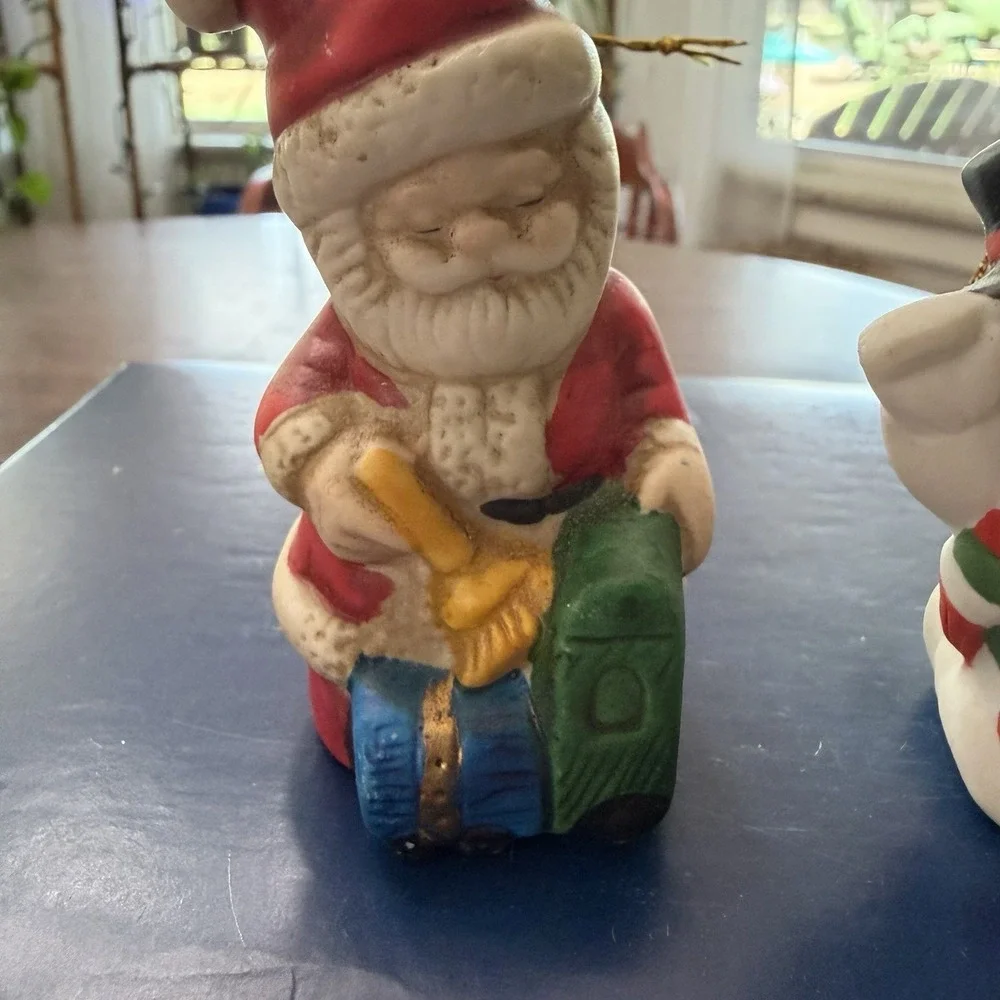 Vintage Bisque Ceramic Santa & Snowman Christmas Ornaments Set Of 2